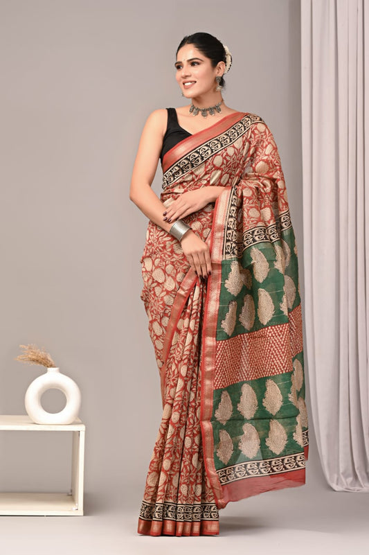 Hand block printed Maheswari silk sarees with blouse