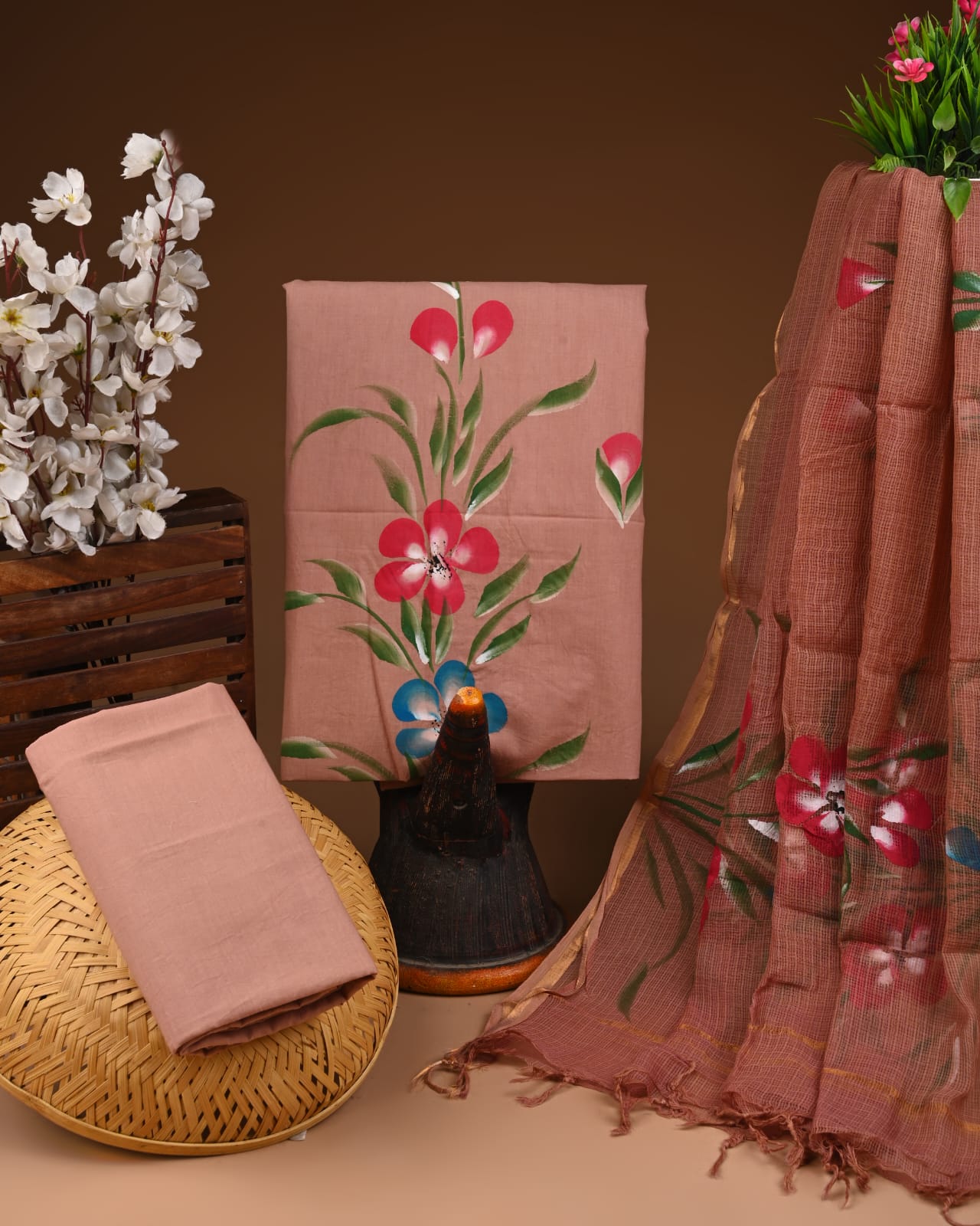 Light pink cotton suits with kota doriya duptta