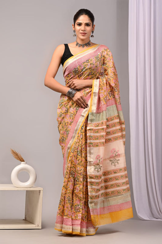 Hand block printed Maheswari silk sarees with blouse