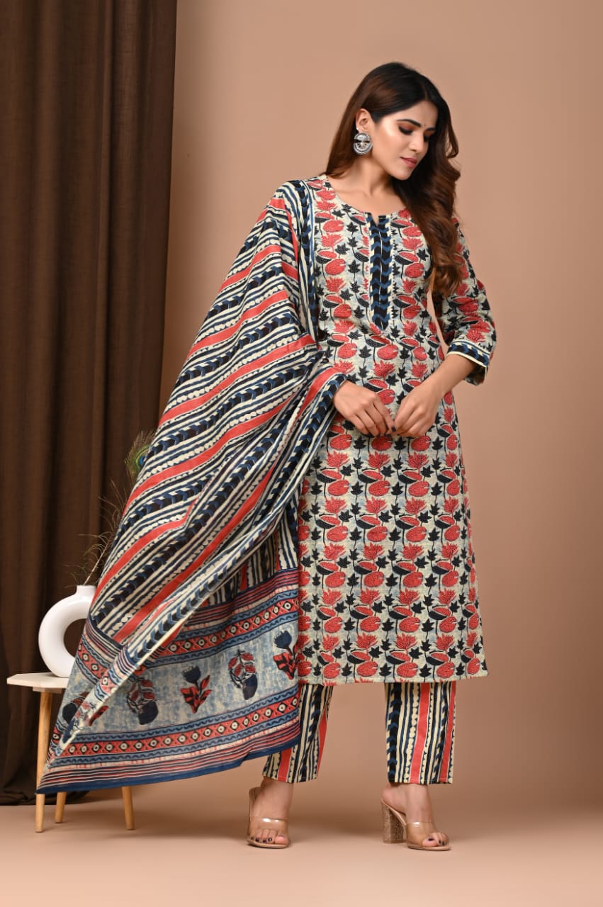 Ajrakh unstitched suit with dupatta readymade