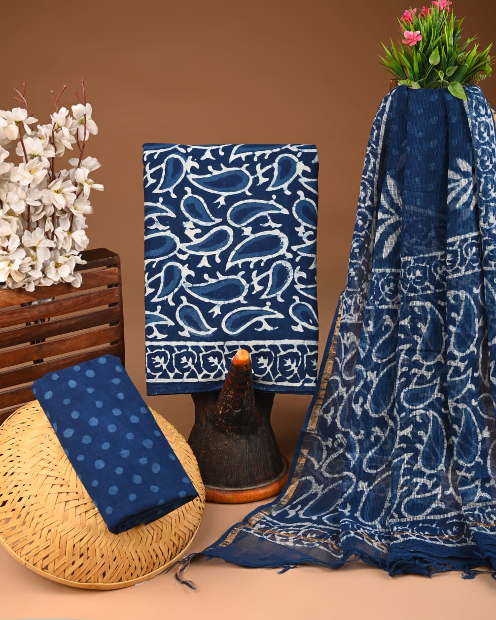 Blue Cotton Suit Set with Kota Doriya Dupatta – Hand Block Print
