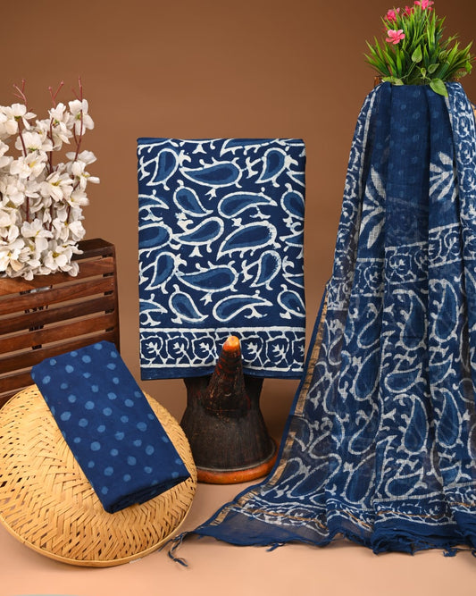 Blue Cotton Suit Set with Kota Doriya Dupatta – Hand Block Print