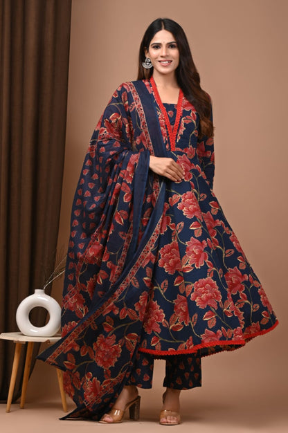Hand Block Printed Cotton Anarkali Kurta Set with Dupatta (3 Pc)