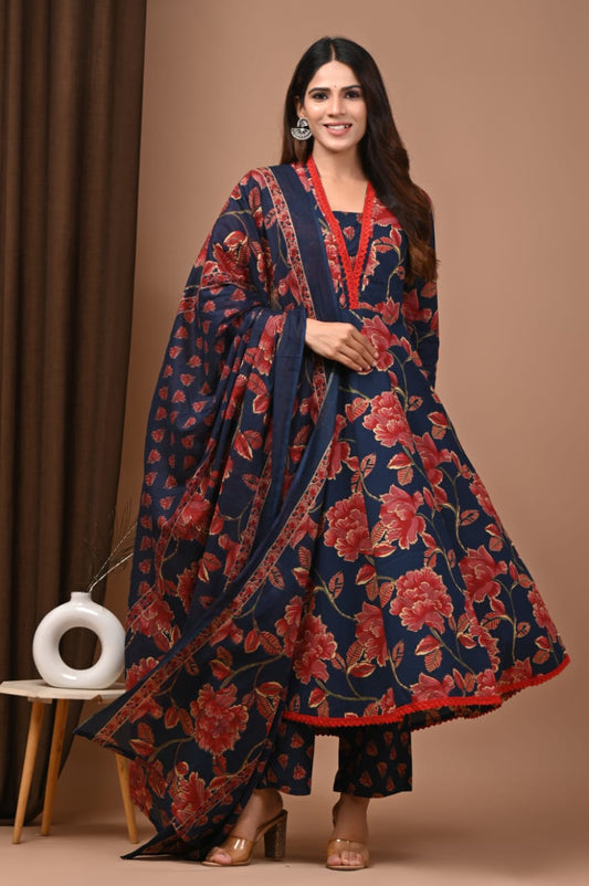 Hand Block Printed Cotton Anarkali Kurta Set with Dupatta (3 Pc)