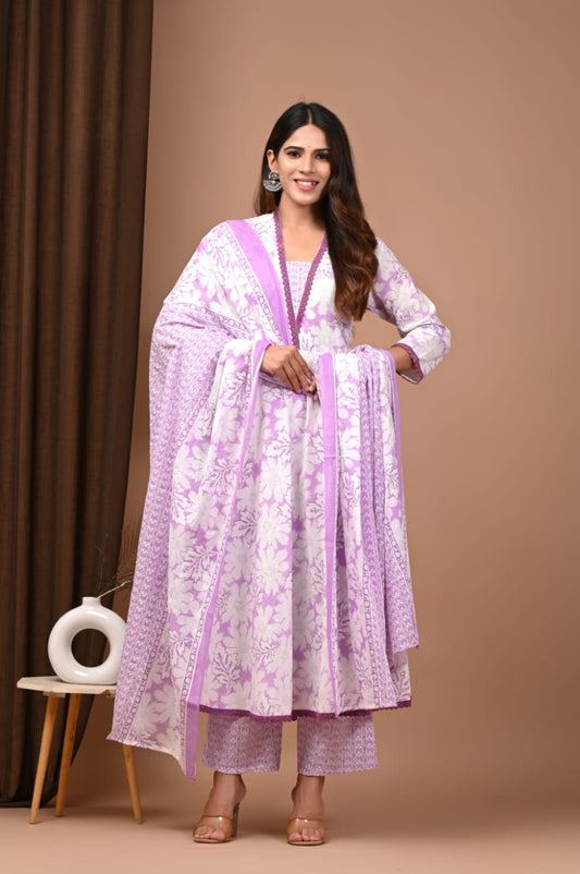 Pure White Hand Block Printed Anarkali Suit Set for Women