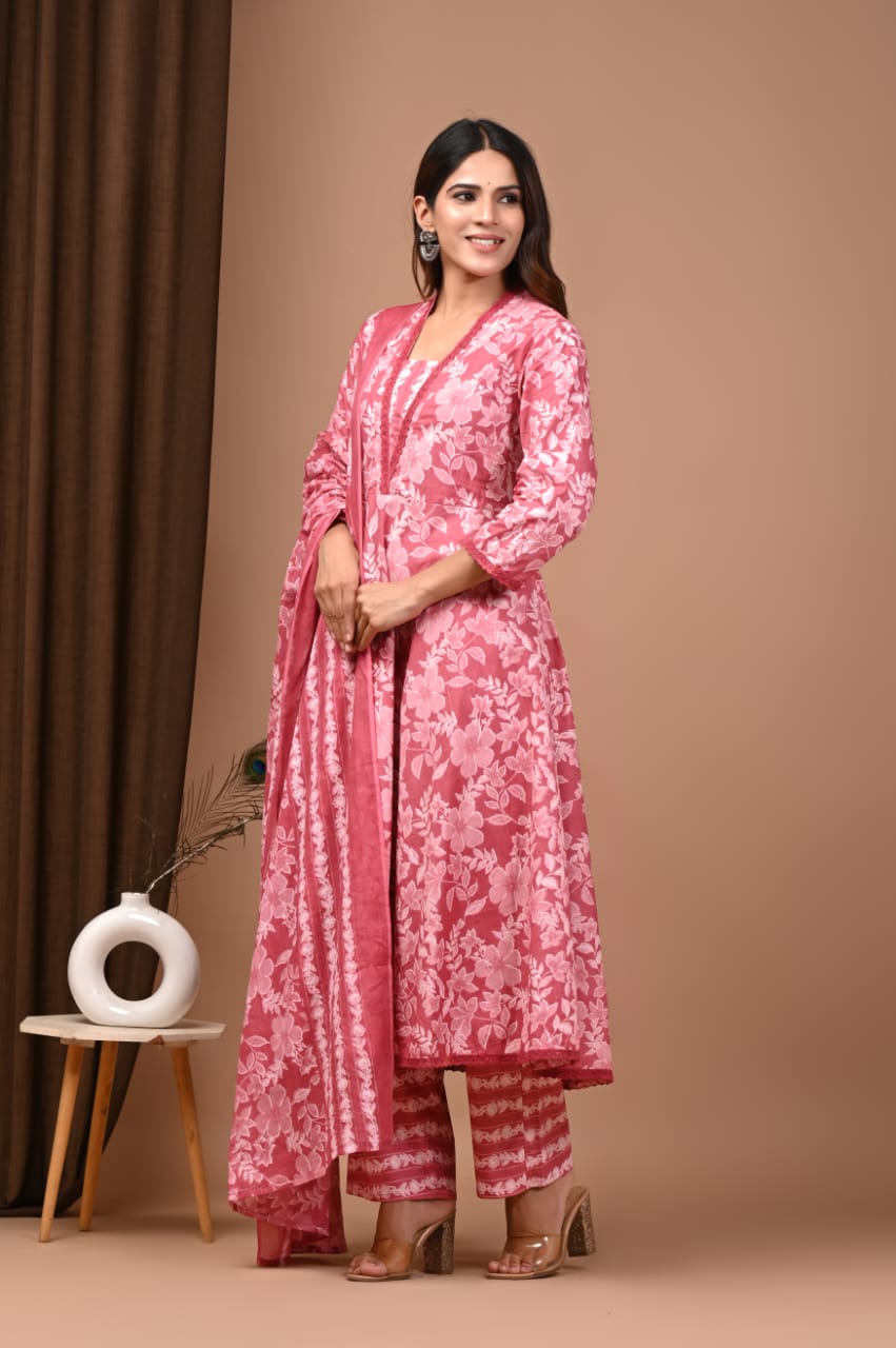 Floral Hand Block Printed Pink Cotton Anarkali Kurta Set with Dupatta