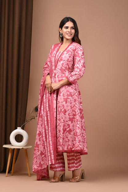 Floral Hand Block Printed Pink Cotton Anarkali Kurta Set with Dupatta