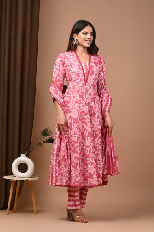 Floral Hand Block Printed Pink Cotton Anarkali Kurta Set with Dupatta