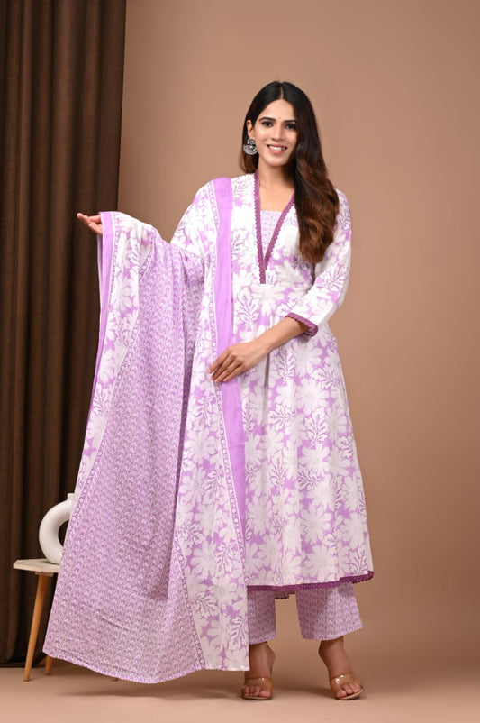Lavender White Hand Block Cotton Anarkali Kurta Set with Dupatta