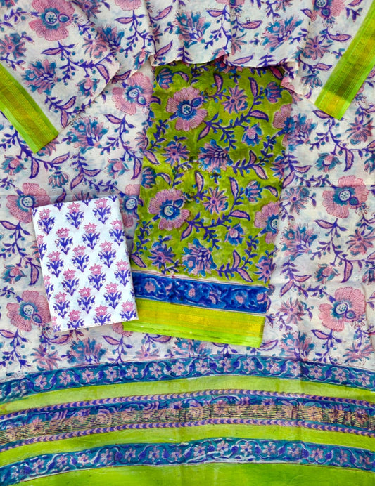Classic Maheshwari Silk Suit with Rich Hand Block
