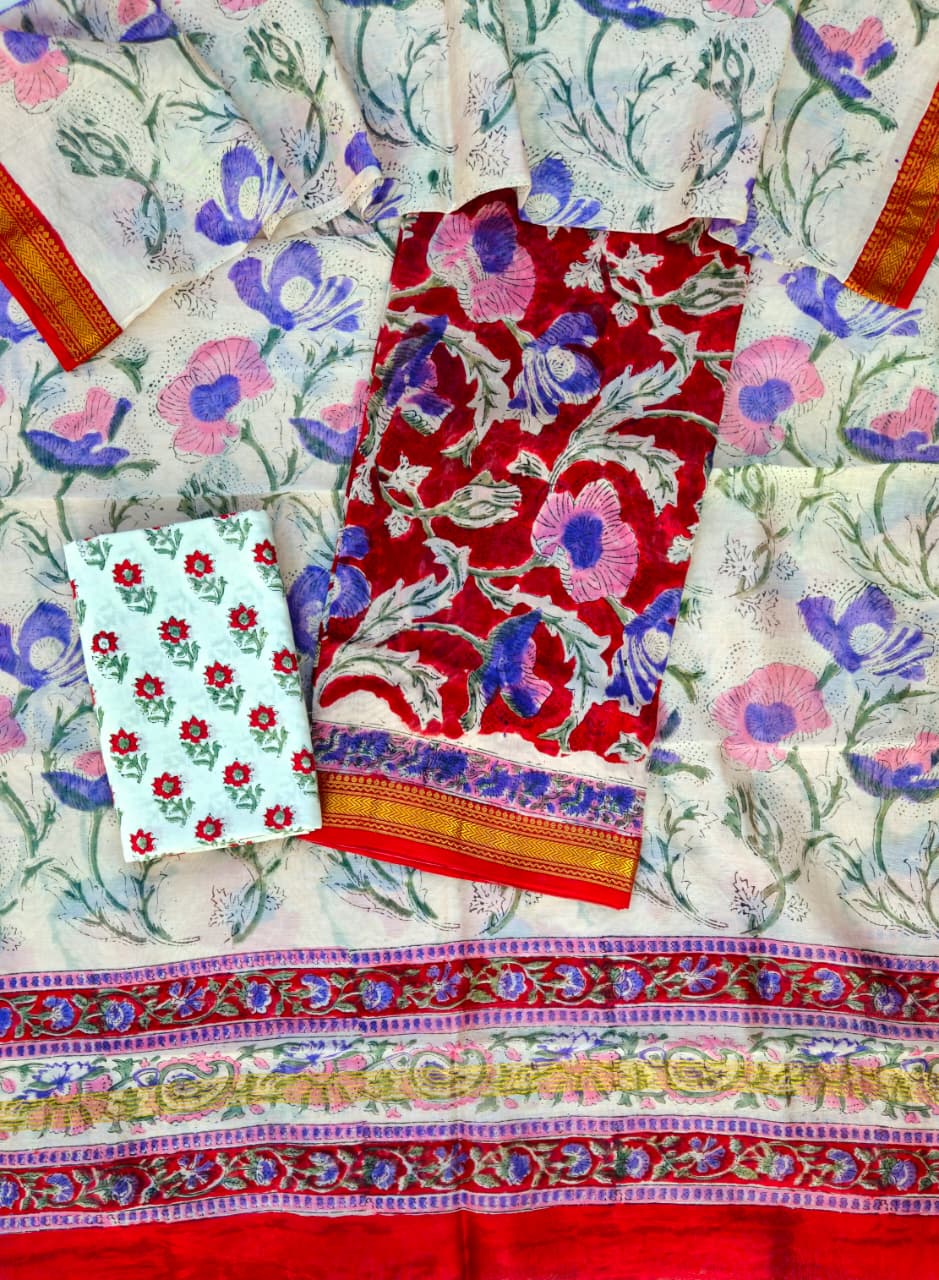 Block Printed Maheshwari Silk Suit with Zari Border