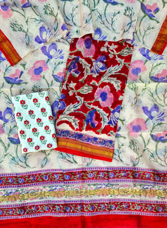 Block Printed Maheshwari Silk Suit with Zari Border