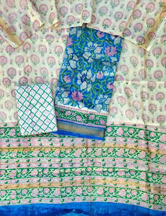 Elegant Maheshwari Silk Suit with Cotton and Dupatta