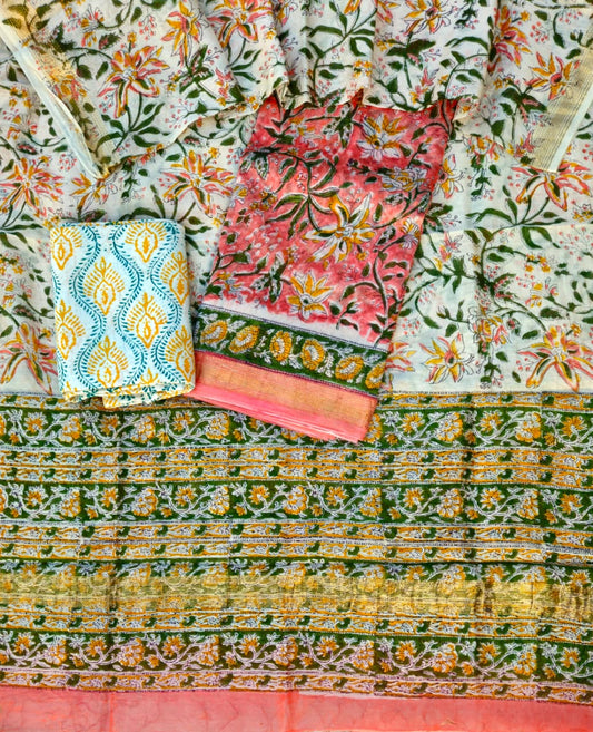 Graceful Maheshwari Silk Suit with Hand Block Print