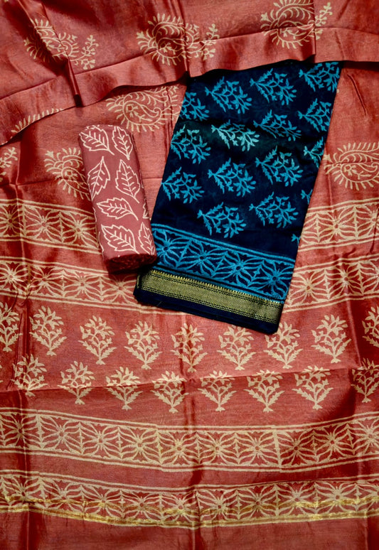 Hand Block Maheshwari Silk Suit with Zari Dupatta