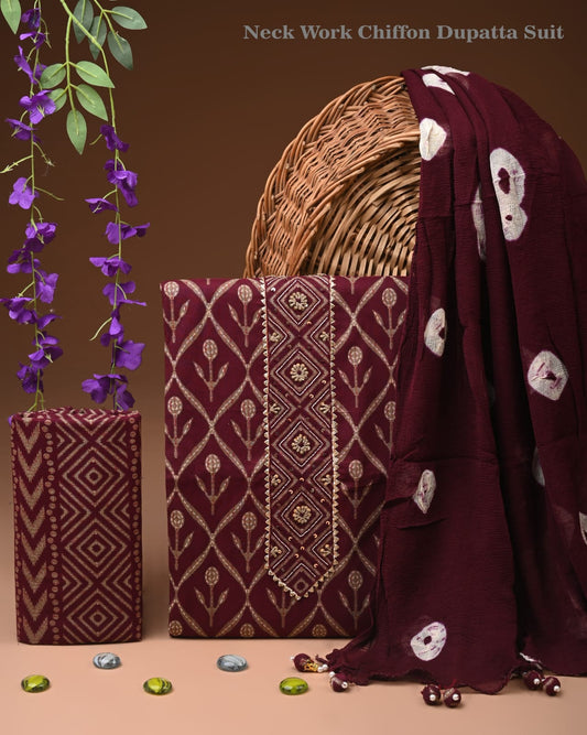 Cotton Suit with Embroidered Chiffon Dupatta