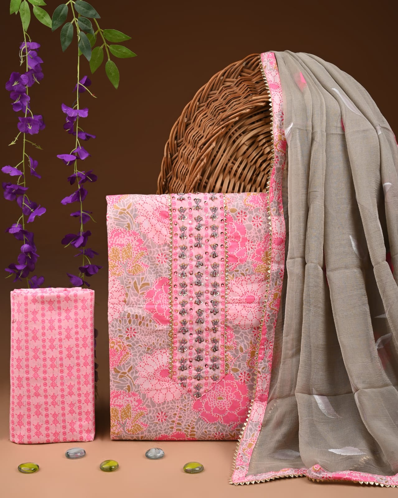 Cotton Suit Set with Designer Neck & Dupatta