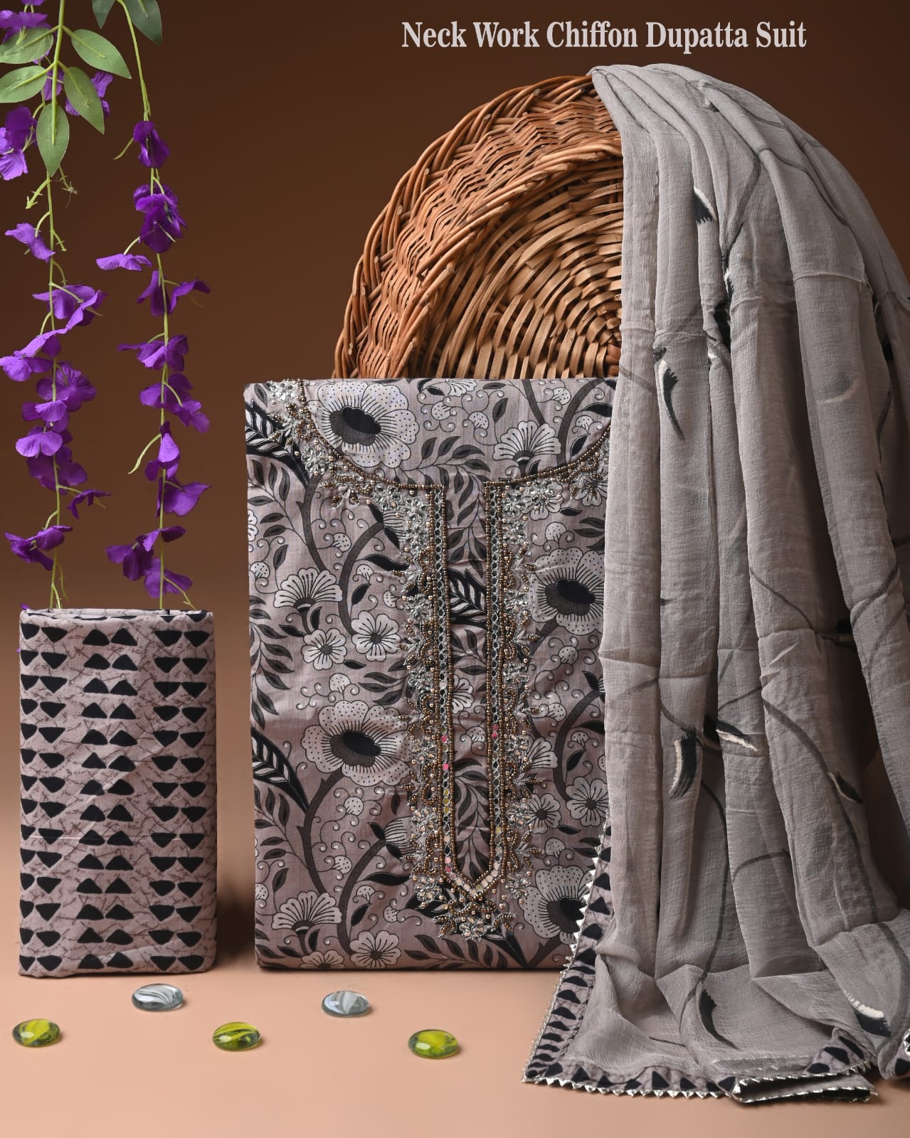 Cotton Suit with Zari Dupatta & Neck Embroidery