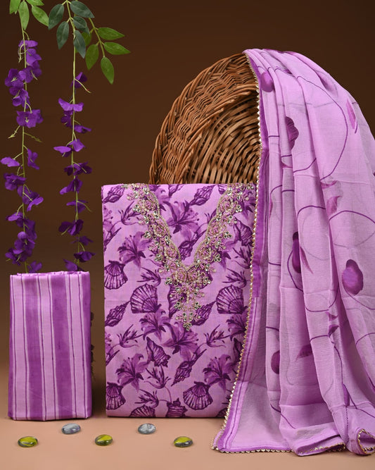 Cotton Suit Material with Heavy Neck Embroidery
