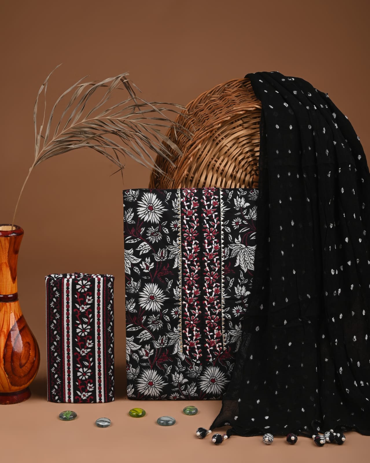 Cotton Suit with Multicolor Heavy Neck Design