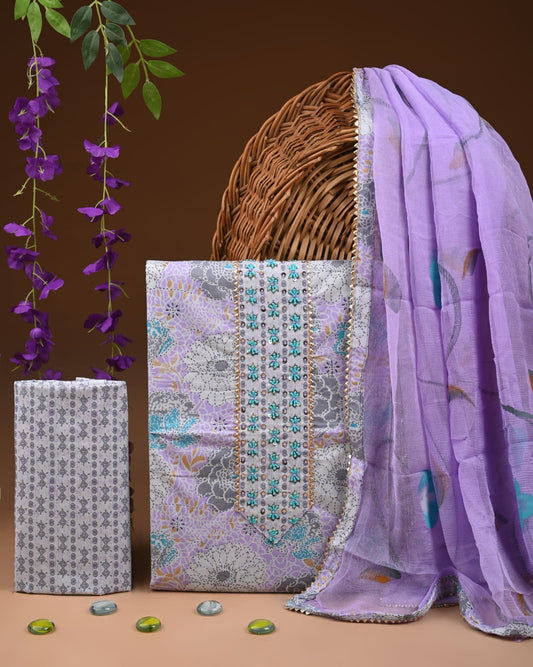 Cotton Suit with Multicolor Neck Stitched Design
