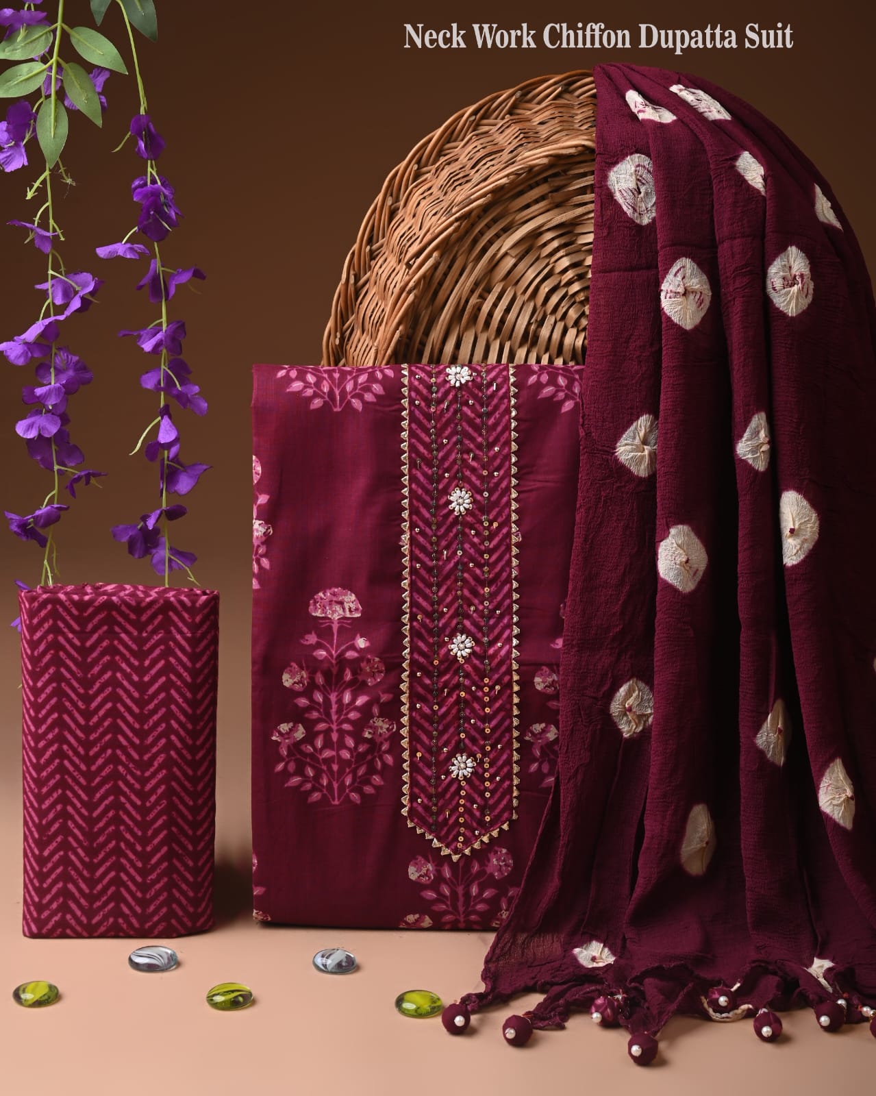 Cotton Suit with Chiffon Dupatta & Zari Neck Work