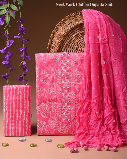 Cotton Dress with Dupatta & Embroidered Neckline