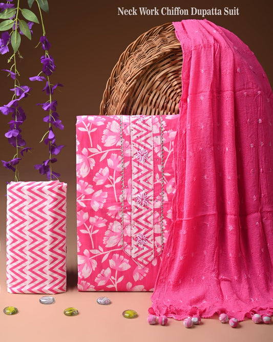 Cotton Suit with Heavy Neck & Multicolor Stitches