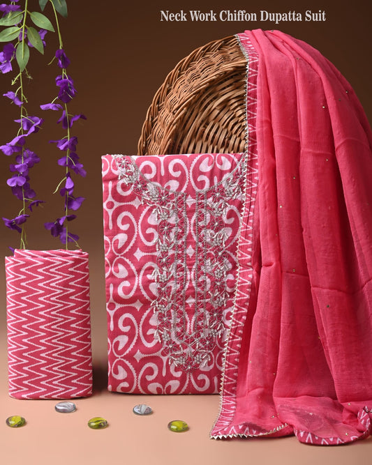Stylish Cotton Suit with Chiffon Dupatta & Gota Work