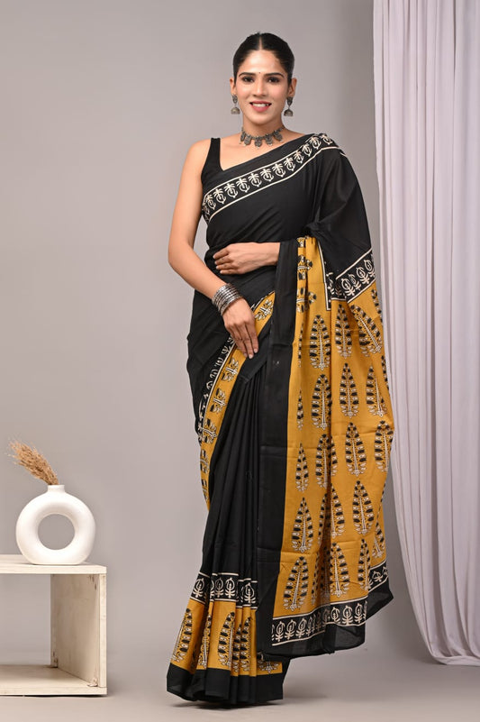 Traditional hand block mulmul saree, crafted in cotton.