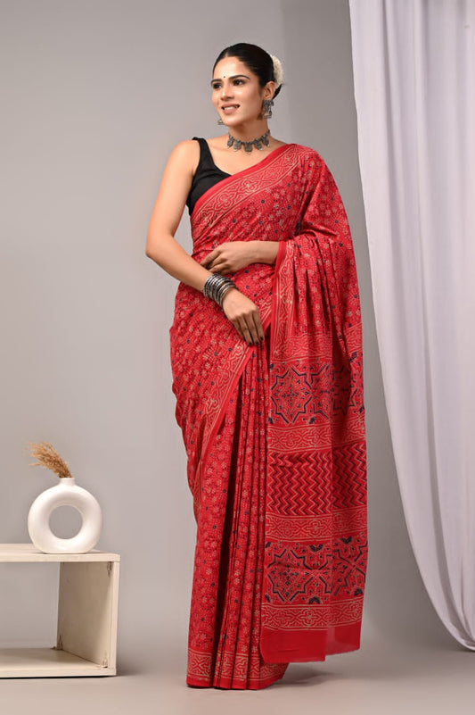 Delightful printed mulmul cotton saree, naturally dyed fabric.