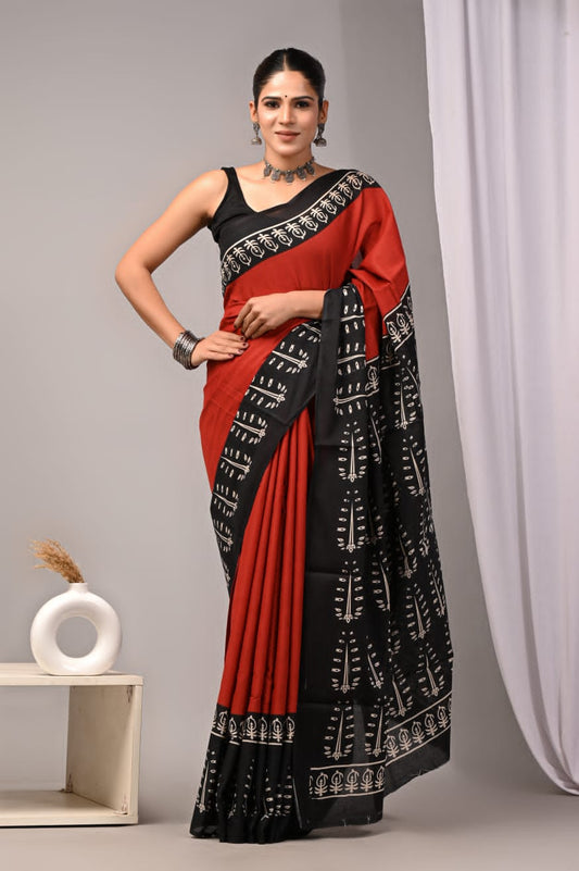 Pure cotton mul saree with natural hand printed.