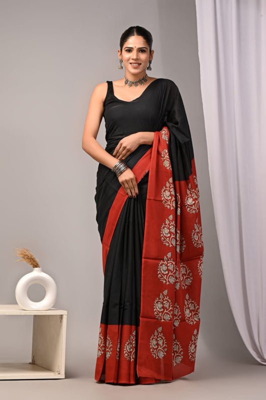 Feather-light cotton mul saree, breathable and stylish.