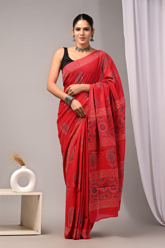 Eco-conscious hand block cotton mul saree with blouse.