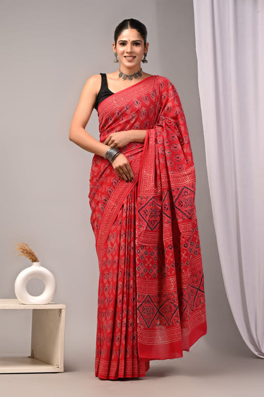 Pure cotton mul saree showcasing natural hand prints.