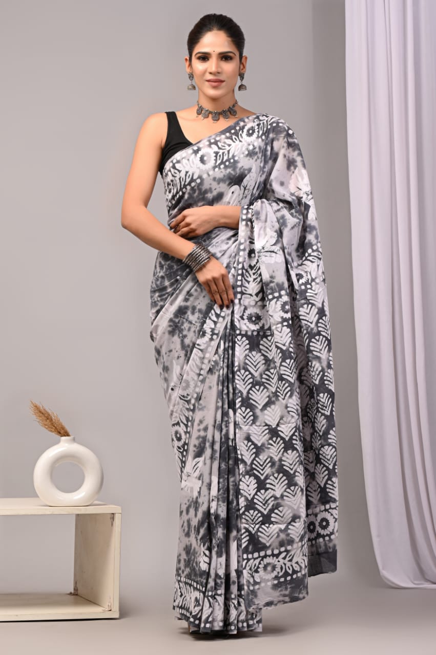 Pure cotton mulmul saree with hand block print.