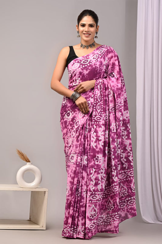 Hand block printed cotton saree in natural hues.