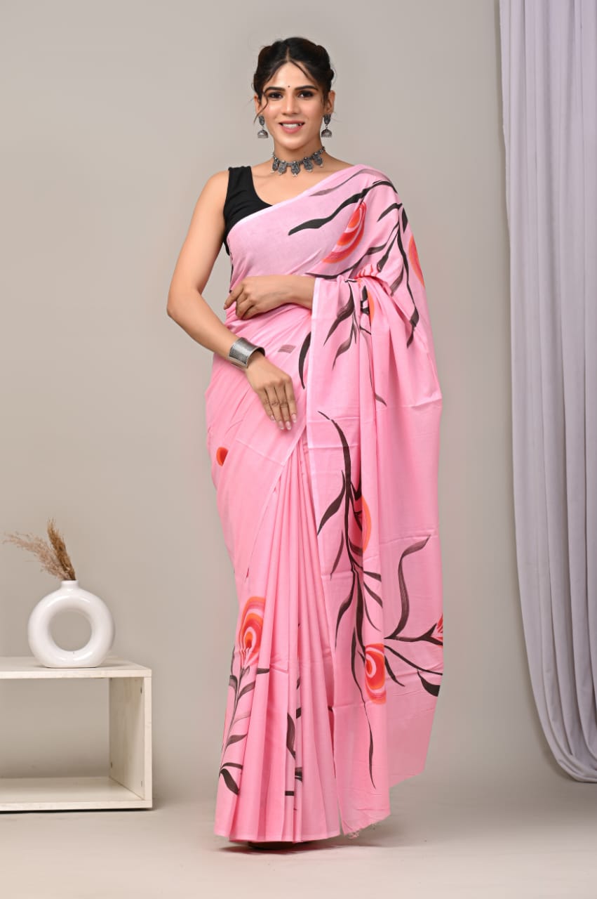 Artisan-made cotton mul saree with block printing.