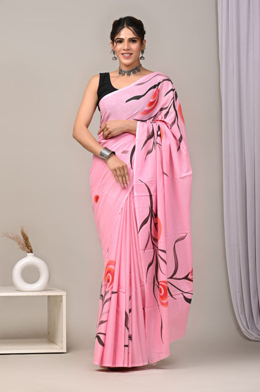 Artisan-made cotton mul saree with block printing.