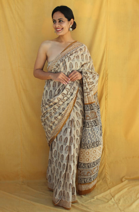 Naturally dyed cotton mul saree, eco-friendly and timeless.