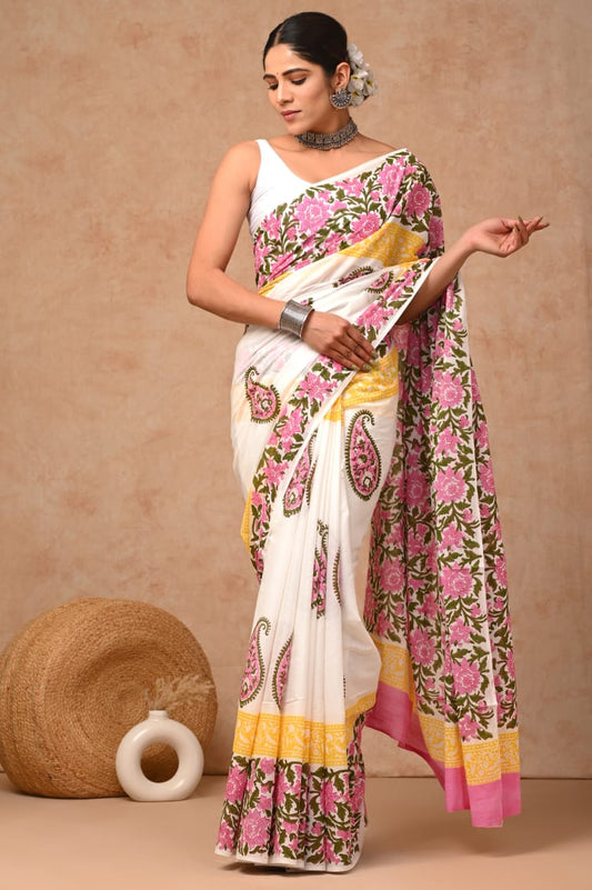 Comfortable breathable cotton saree, hand block mul fabric.