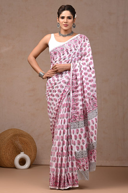 Stylish block-styled mul cotton saree in soft tones.
