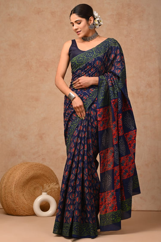 Summer-drape mulmul cotton saree, crafted for ease.