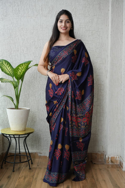 Ajrakh Saree – Imported Silk with Blouse