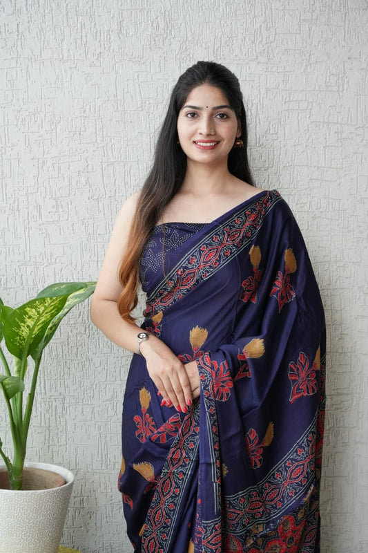 Ajrakh Saree – Imported Silk with Blouse