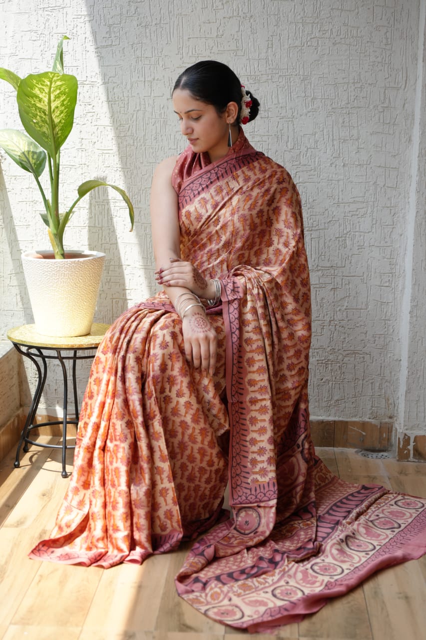 Pure Silk Saree – Ajrakh Block Design
