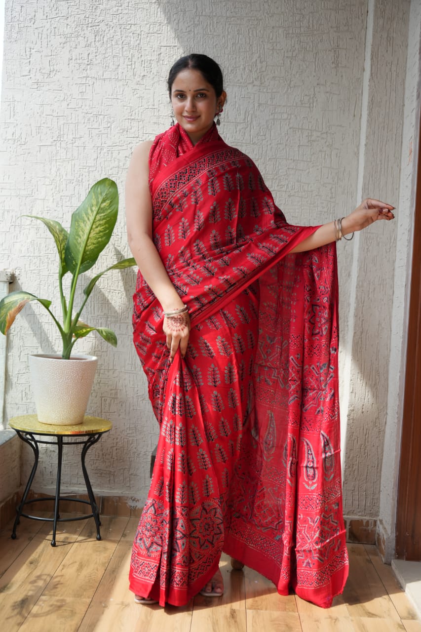 Pure Modal Silk Saree – Ajrakh Block Print