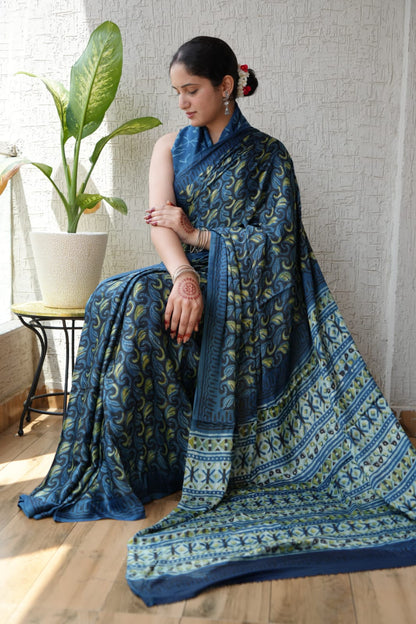 Ajrakh Saree with Printed Blouse