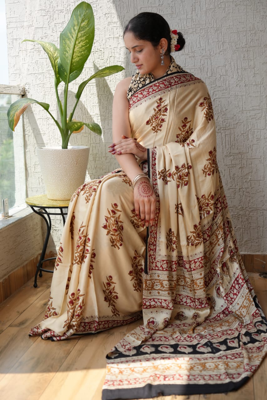 Ajrakh Hand Block Saree – Pure Silk