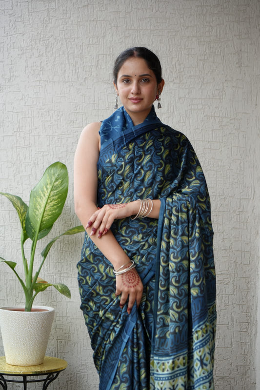 Ajrakh Saree with Printed Blouse